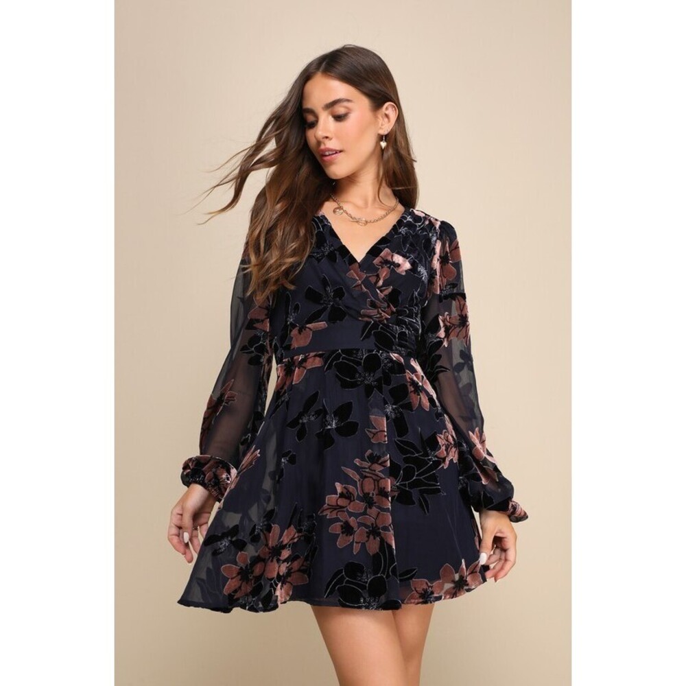Lulus Stunning Feeling Navy Blue Velvet Floral Burnout Mini Dress - Size S